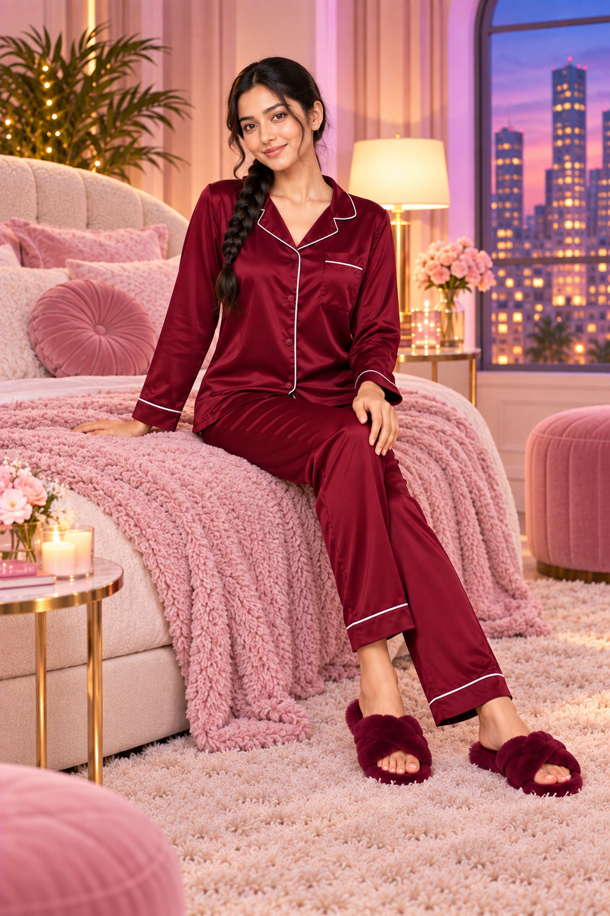 Slumber Squad Satin PJ Set – Deep Maroon